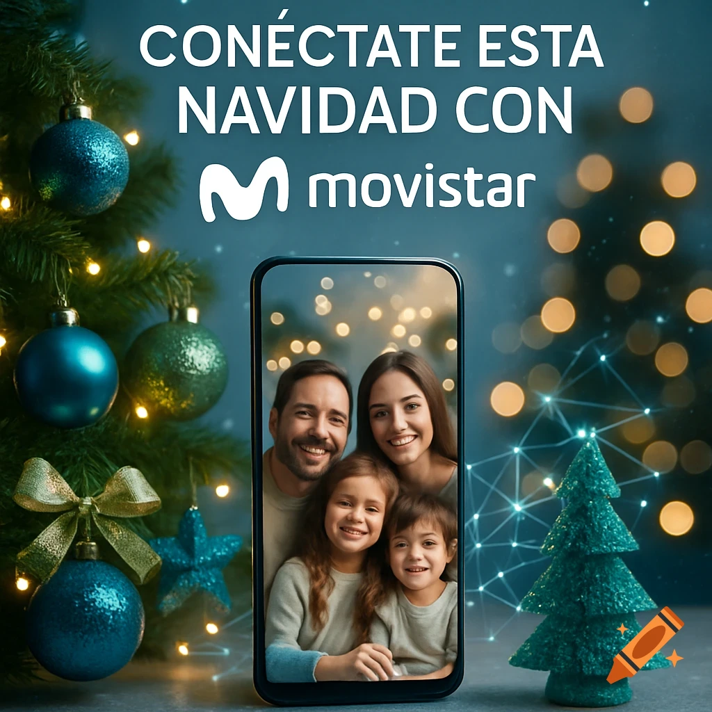 A Movistar Christmas advertisement with a family video calling on a smartphone amidst festive decorations and lights.
