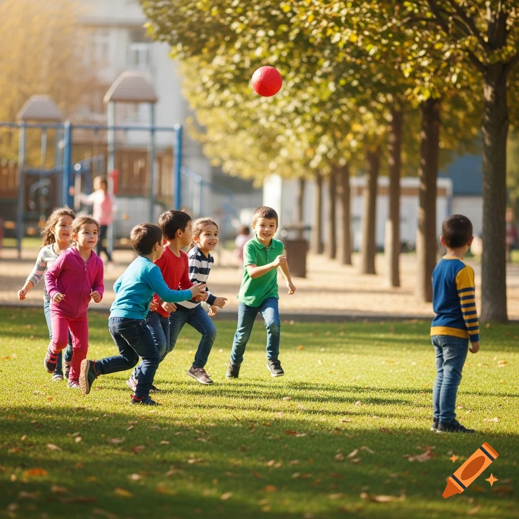 Children running and playing with a red ball in a sunny park while one child stands apart.