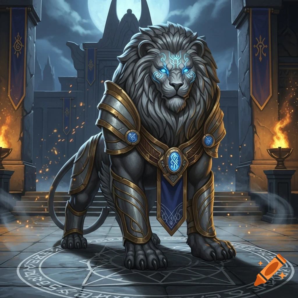 A majestic armored gray lion with glowing blue eyes and mystical markings stands in a fantasy temple under a full moon.