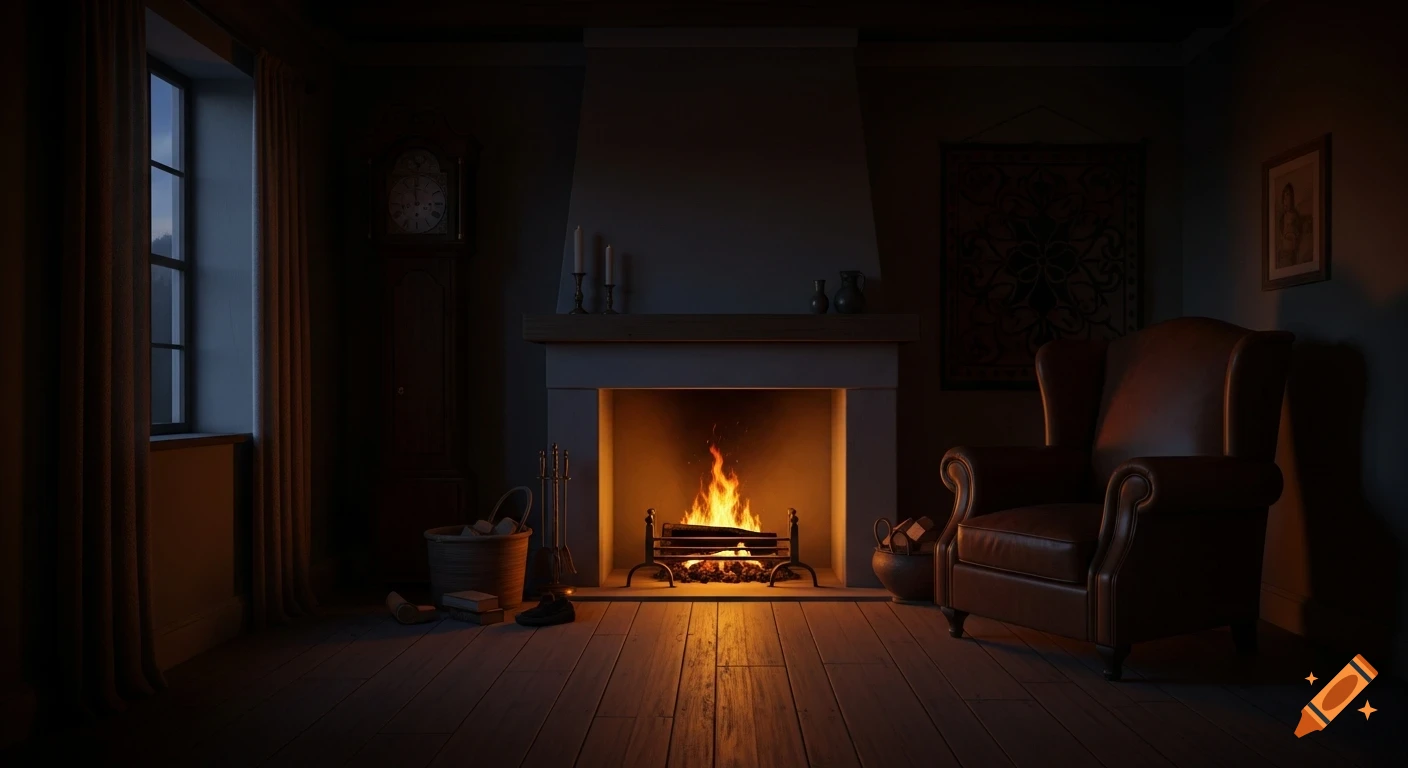 A cozy, dimly lit room with a glowing fireplace, a leather armchair, and a window, rendered in an oil painting style.
