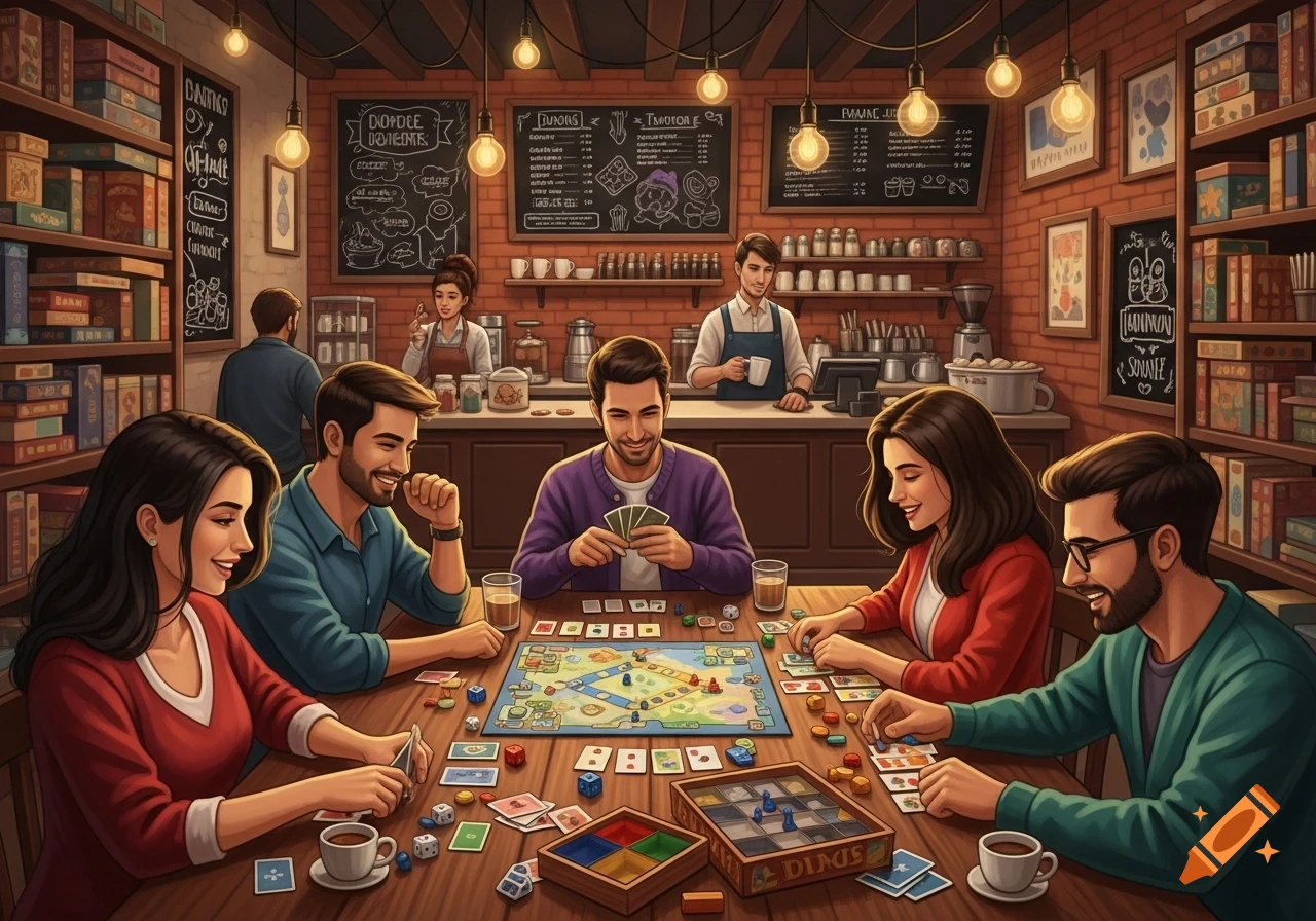 People playing a board game at a cozy cafe with shelves of books and blackboards.