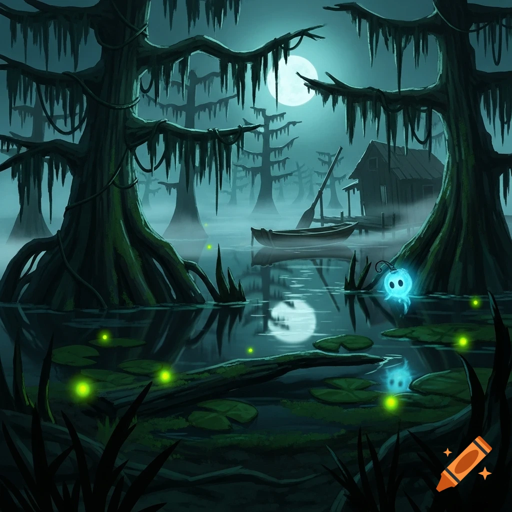 A mysterious night bayou landscape with large mossy trees, a full moon, a shack, a boat, and glowing blue spirits and fireflies over dark water.