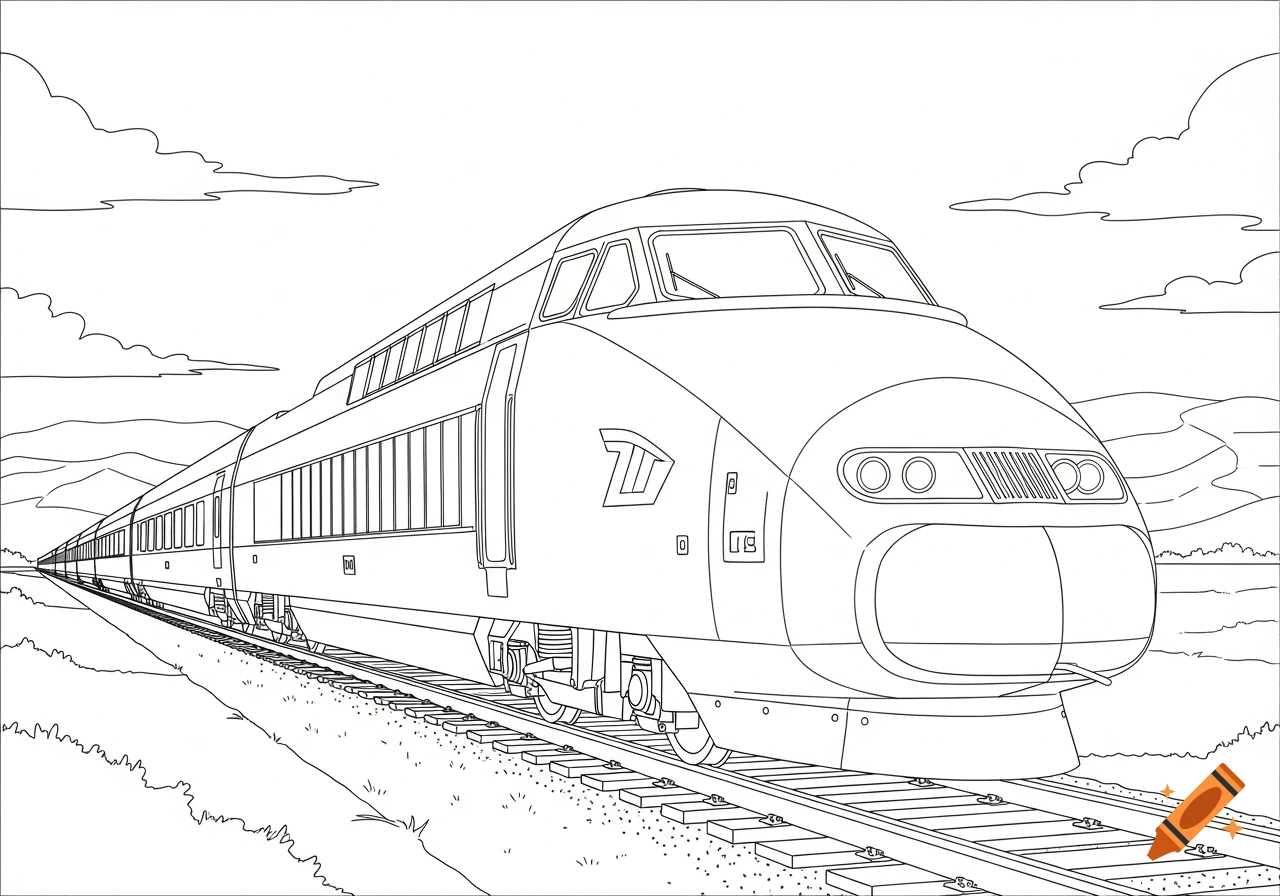 Line art coloring page of a TGV-style high-speed train on tracks, with mountains and clouds in the background.