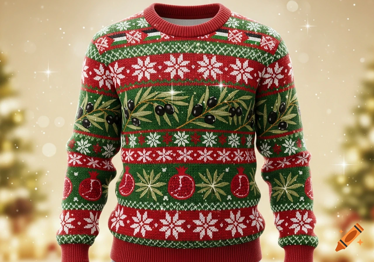 A festive red and green Christmas sweater featuring patterns of white snowflakes, olive branches with black olives, and pomegranates. The top band incorporates a pattern resembling the Palestinian flag.