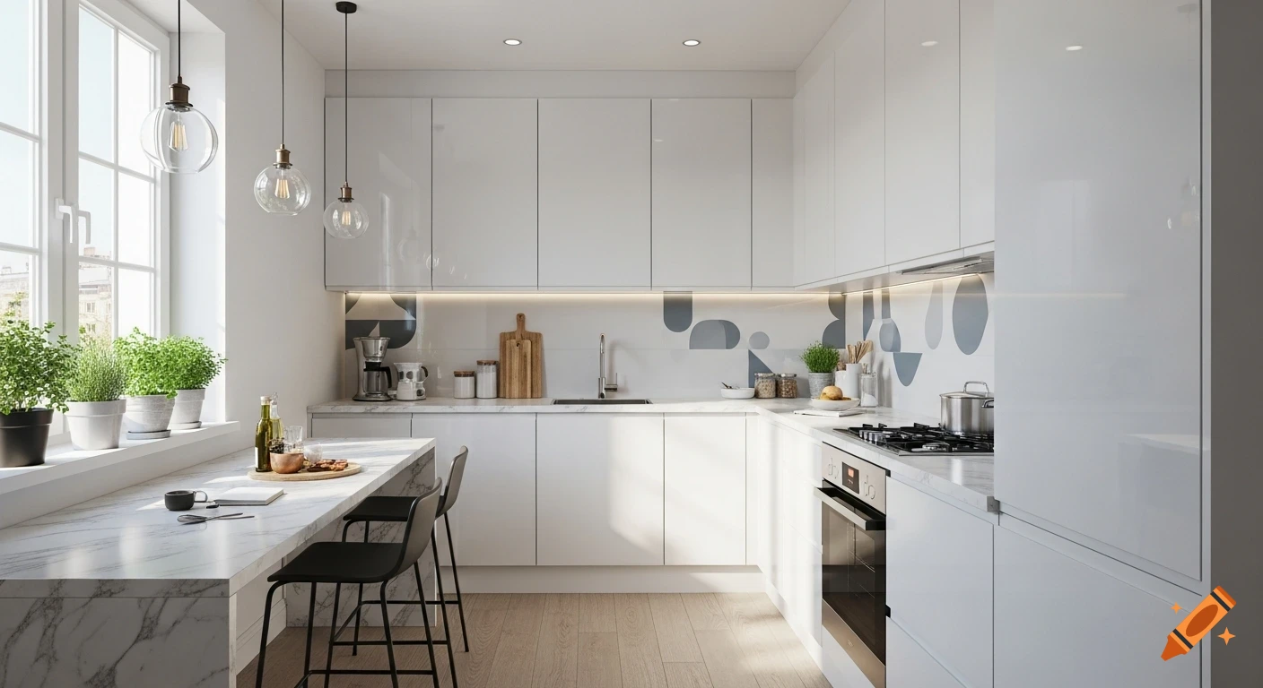 A bright, modern kitchen with white cabinets, marble countertops, pendant lights, and potted plants by a large window.