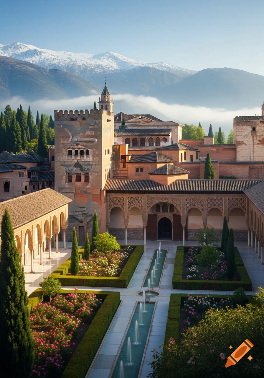 Photorealistic view of an ornate palace courtyard with gardens, fountains, and snow-capped mountains in the background.
