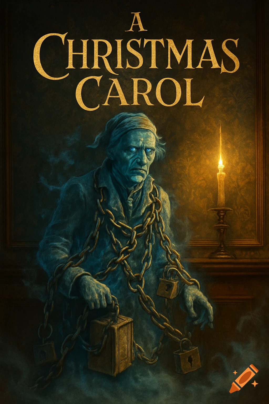 Jacob Marley's ghost, chained and gaunt with glowing blue eyes, depicted as a dark, illustrative book cover for A Christmas Carol.