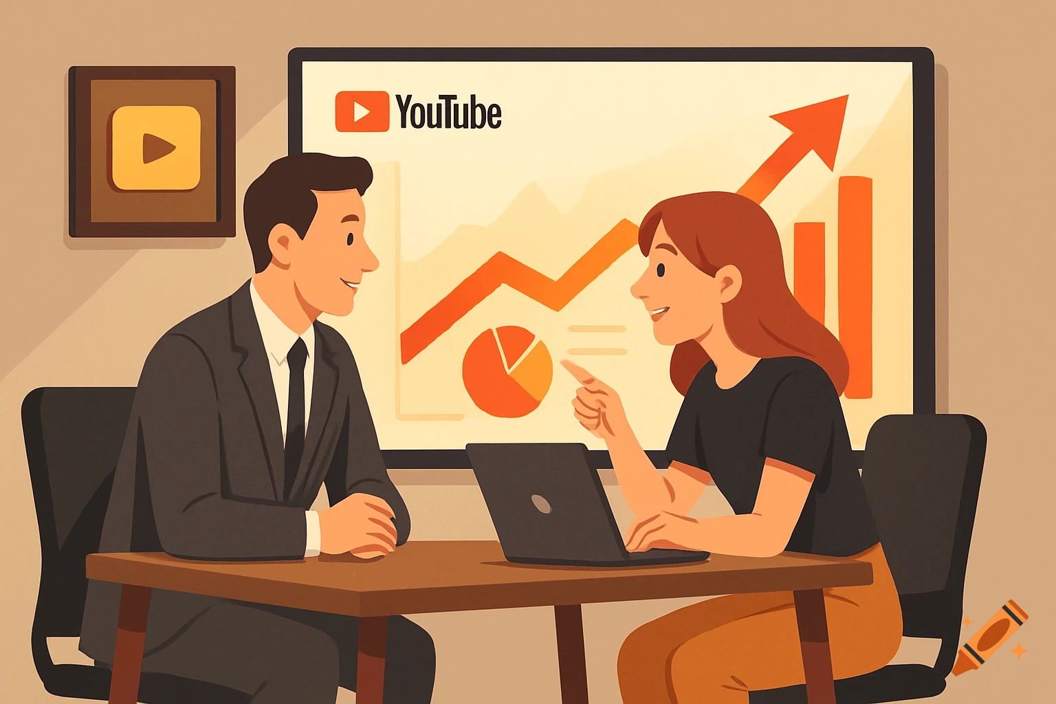 Two business people discussing YouTube channel analytics on a large screen in a modern flat illustration style.