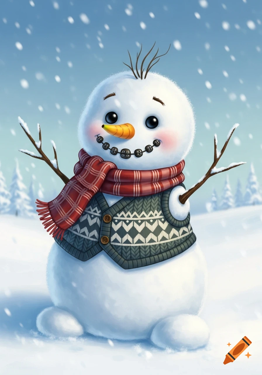 A cute cartoon snowman with a carrot nose, coal mouth with braces, stick arms, a red plaid scarf, and a patterned sweater vest stands in falling snow.