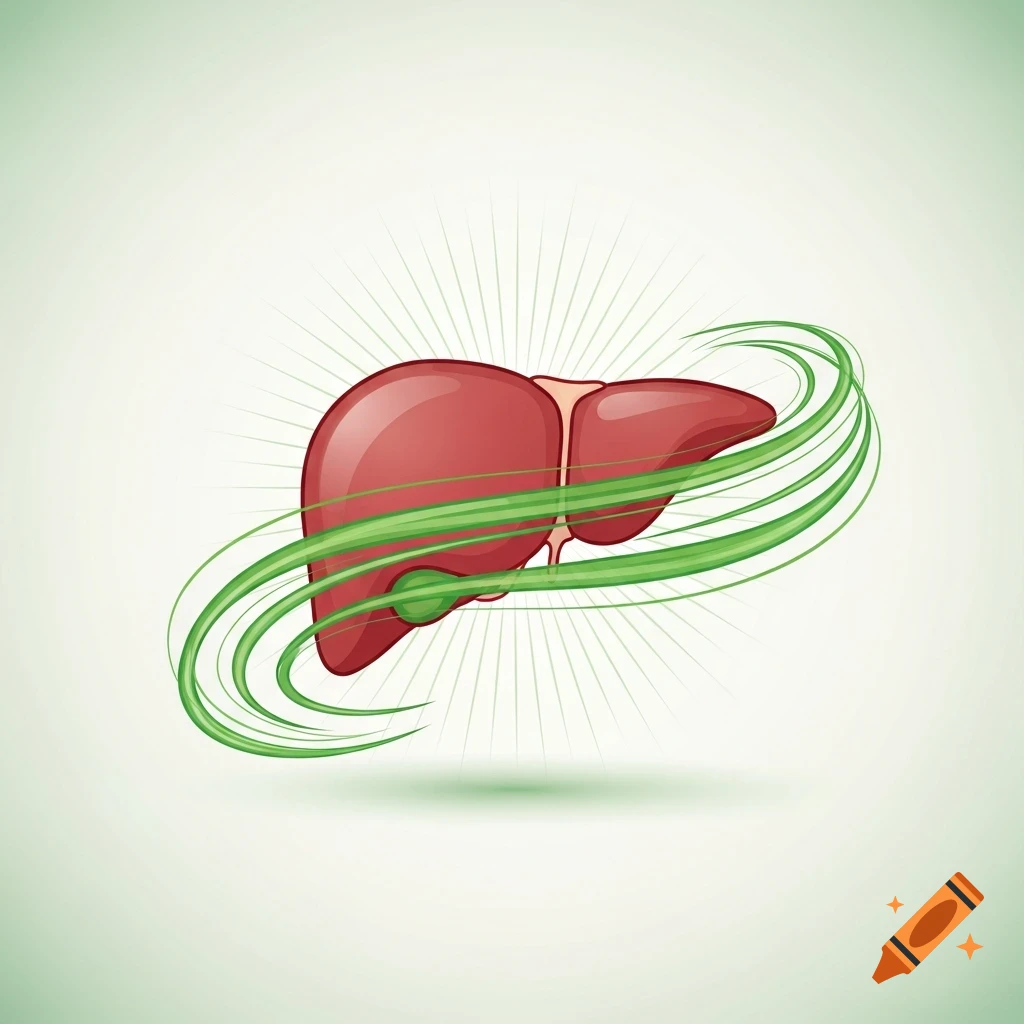 Stylized illustration of a human liver surrounded by green swirling energy lines on a light green background, symbolizing vitality.