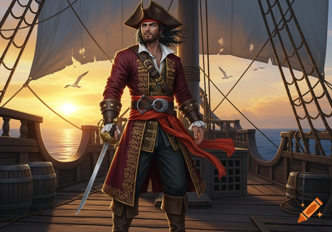 A rugged male pirate captain stands on a ship deck, holding a sword, at sunset with sails and ocean in the background, illustration.