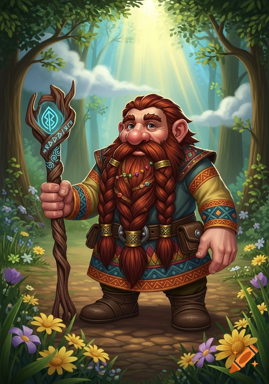A cartoon-style dwarf with a long braided red beard holds a glowing, runic wooden staff in a sun-dappled forest.