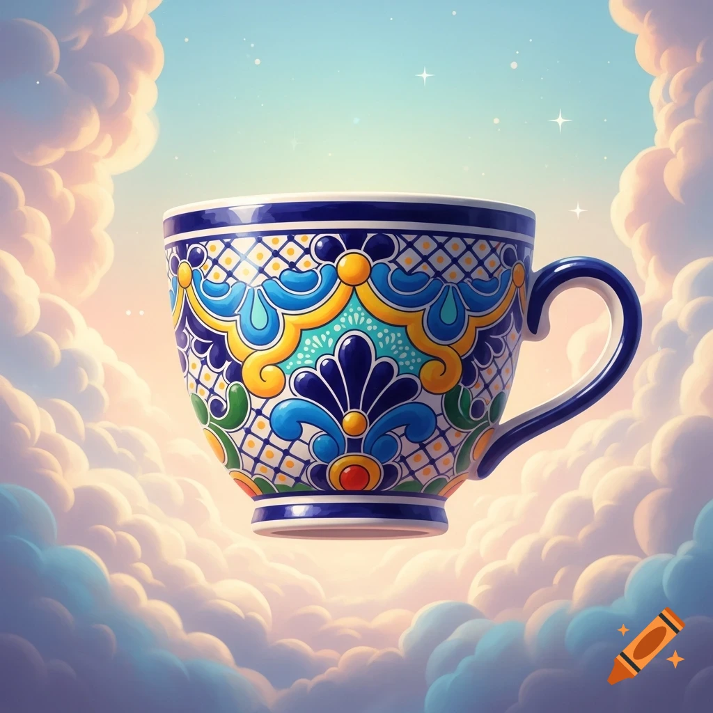 A vibrant Talavera-style cup with intricate blue, yellow, and green patterns floats majestically amidst fluffy white and pink clouds against a soft blue sky.