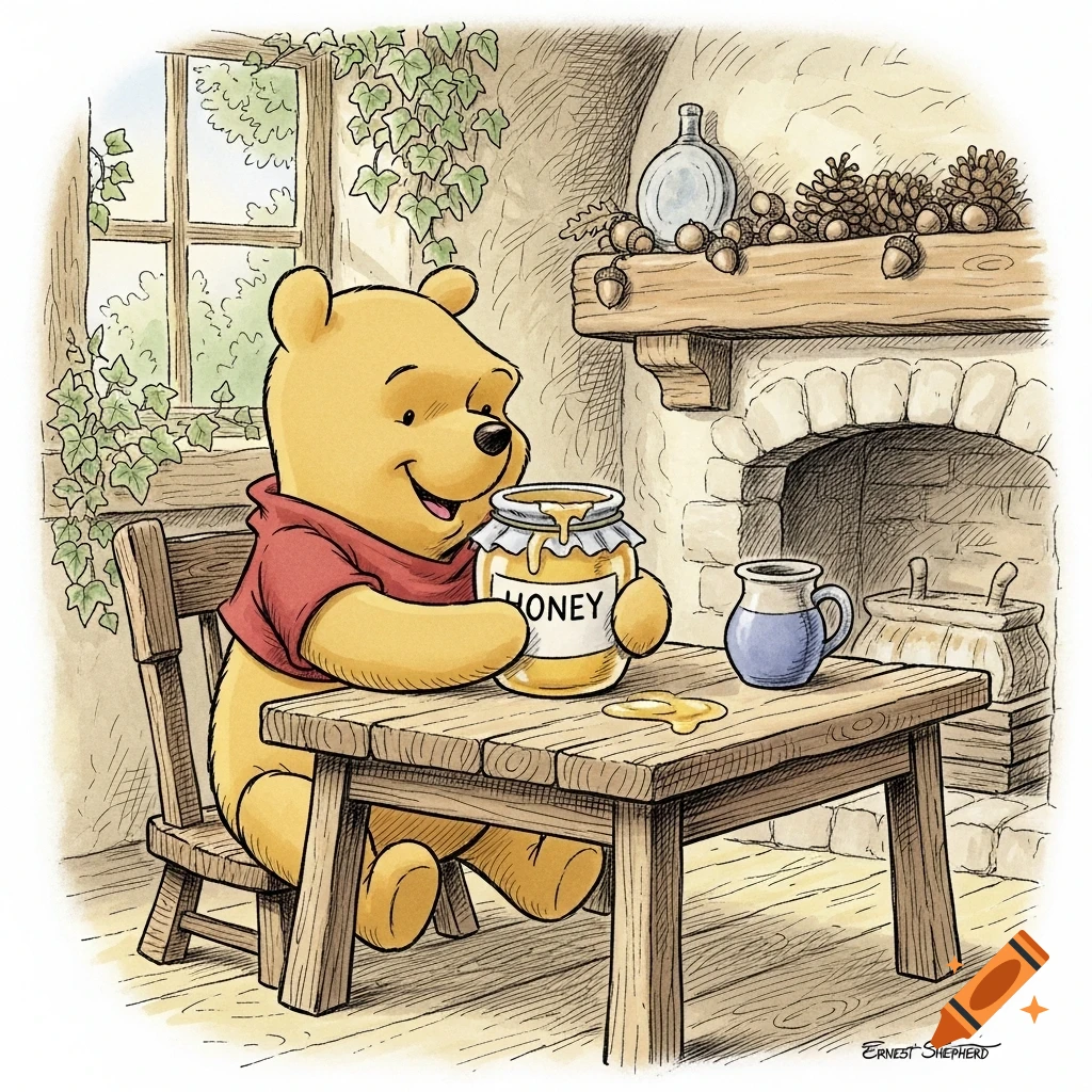 Winnie the Pooh sits at a wooden table, happily holding a jar of honey, in Ernest Shepherd's classic illustration style.