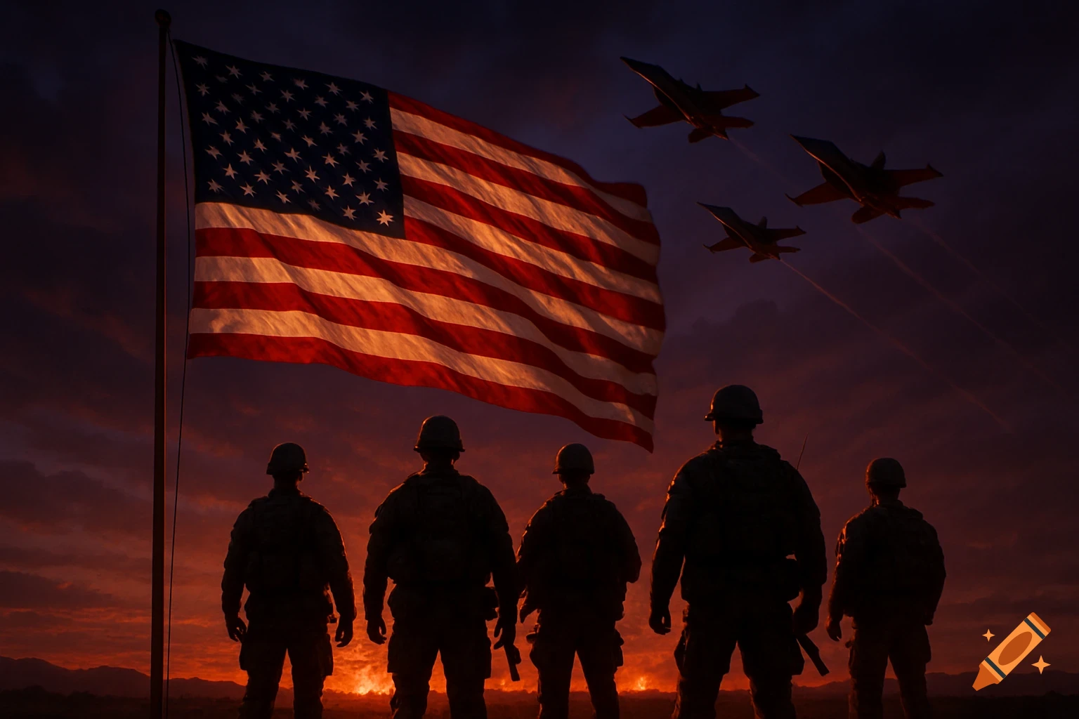 Silhouettes of five soldiers stand before a large American flag at a vibrant orange and purple sunset, with three fighter jets flying overhead.