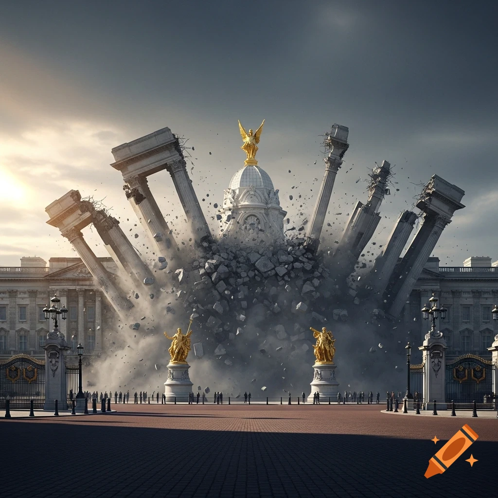 Buckingham Palace in London being demolished, with its columns collapsing into rubble and dust, a crowd watching.