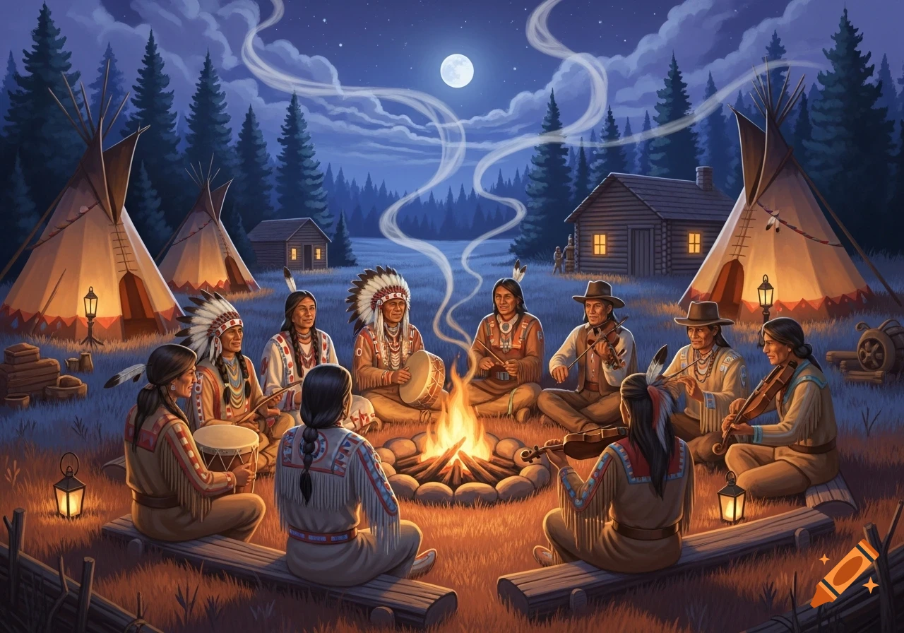 A diverse group in traditional and settler attire gathers around a glowing campfire at night, playing music, with tipis and log cabins under a full moon.