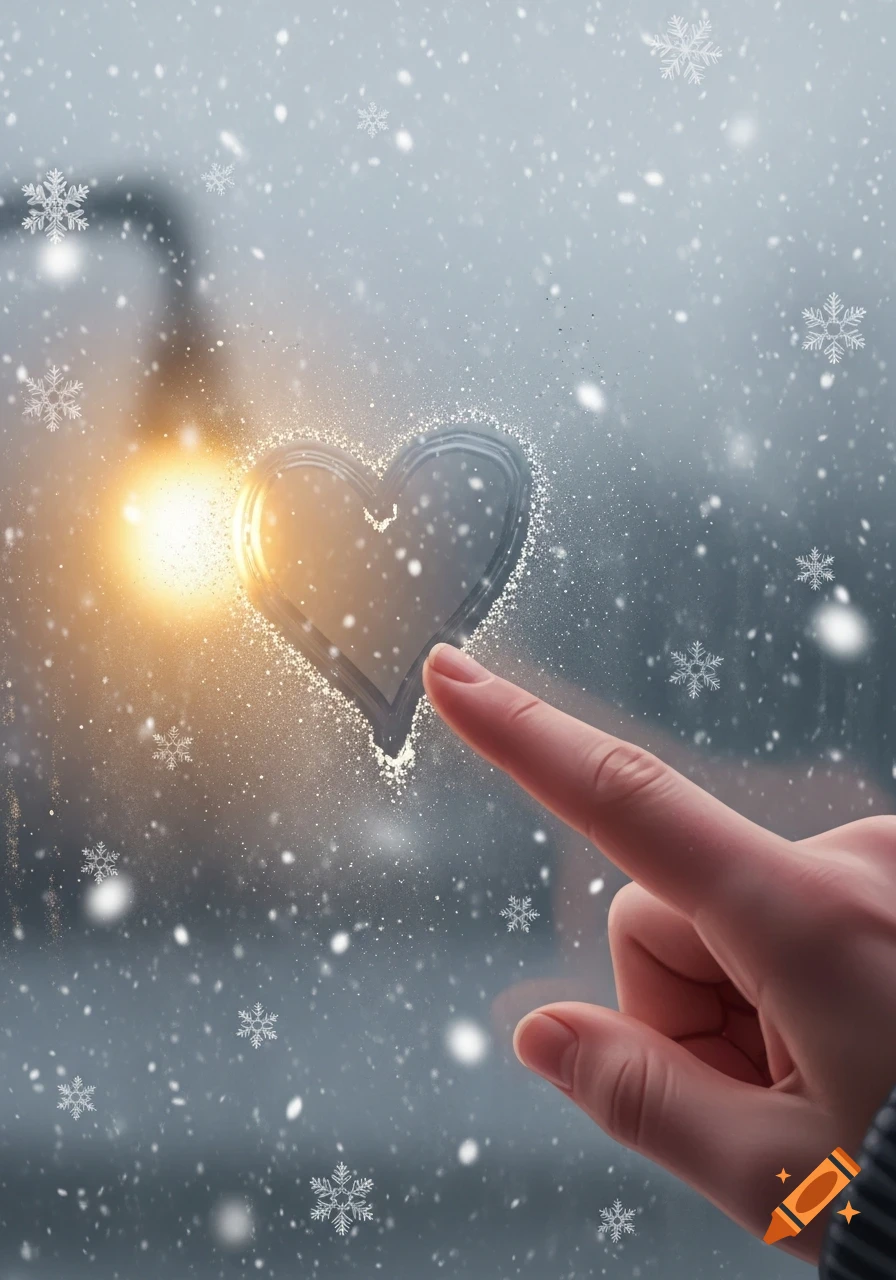 A hand draws a glowing heart on a snowy window pane, with soft light and falling snowflakes.