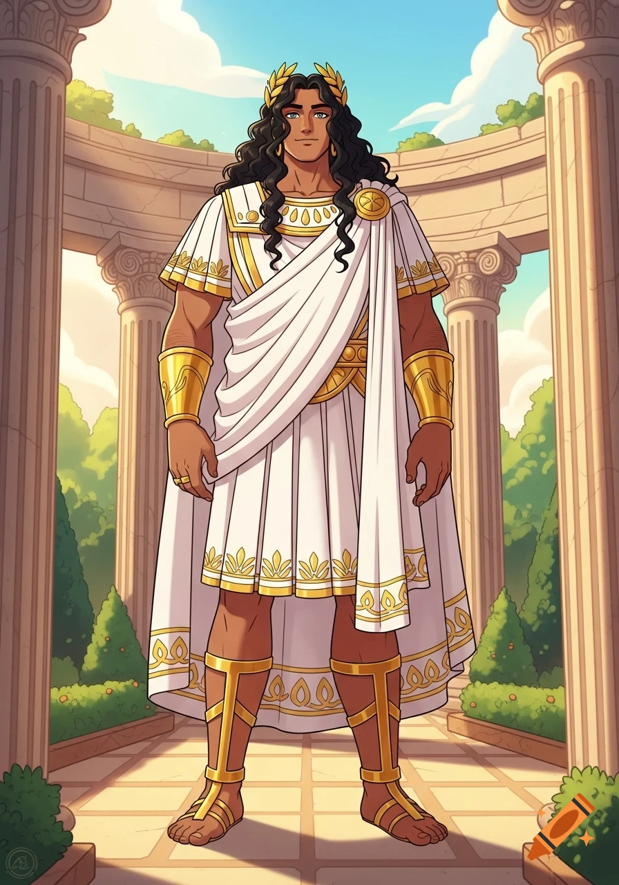A bronze-skinned man with long dark curly hair, wearing a white and gold Roman tunic and a laurel crown, stands in a classical outdoor setting. Cartoon style.