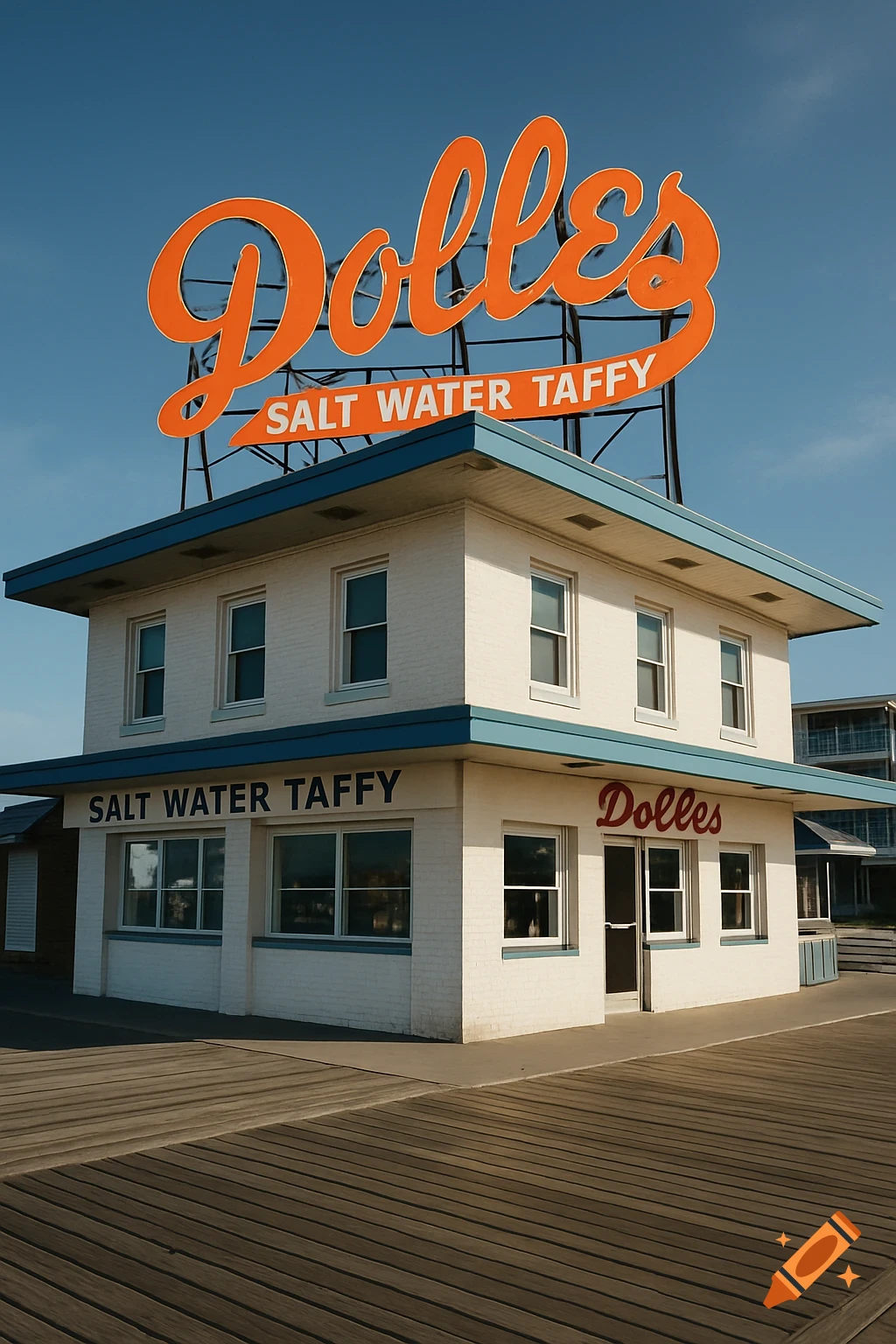 A white two-story building with a blue trim and large orange 'Dolles Salt Water Taffy' sign on the roof, stands on a wooden boardwalk under a clear blue sky.