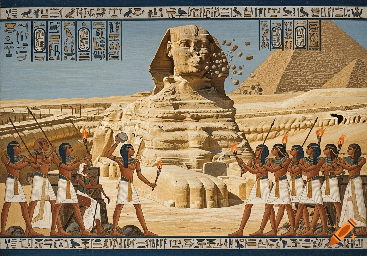 An ancient Egyptian style painting depicts people throwing rocks at the Great Sphinx, with a pyramid in the background and hieroglyphs in the border.