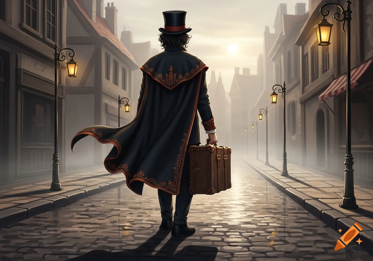 A man in a top hat and flowing cape walks away down a cobblestone street in an old town, carrying a suitcase at sunrise.