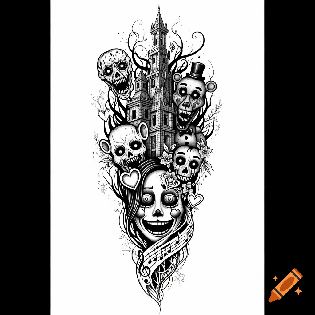 Black and white gothic tattoo design featuring a castle, creepy smiling faces, skulls, hearts, musical notes, and vines.