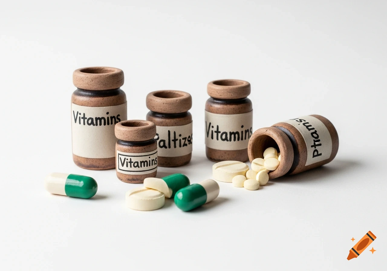 Clay art rendition of vitamin pill bottles, some green and white capsules and yellow pills spilled on a white background.