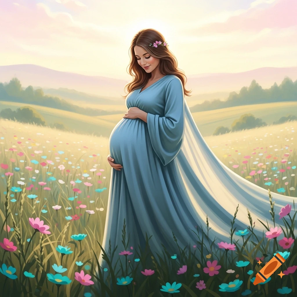 A serene pregnant woman in a blue dress stands in a field of colorful wildflowers, gently holding her belly.