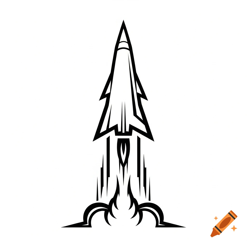 Black and white vector art of a stylized rocket or missile launching with a bold outline.