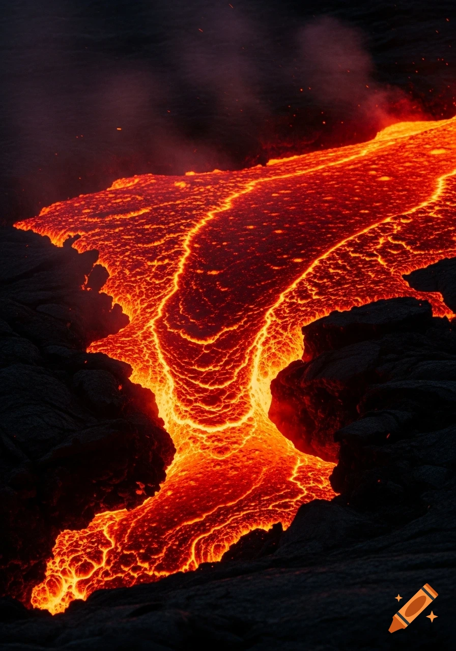 Close-up of a vibrant orange and red lava stream flowing over dark, jagged rock, emitting wisps of smoke.