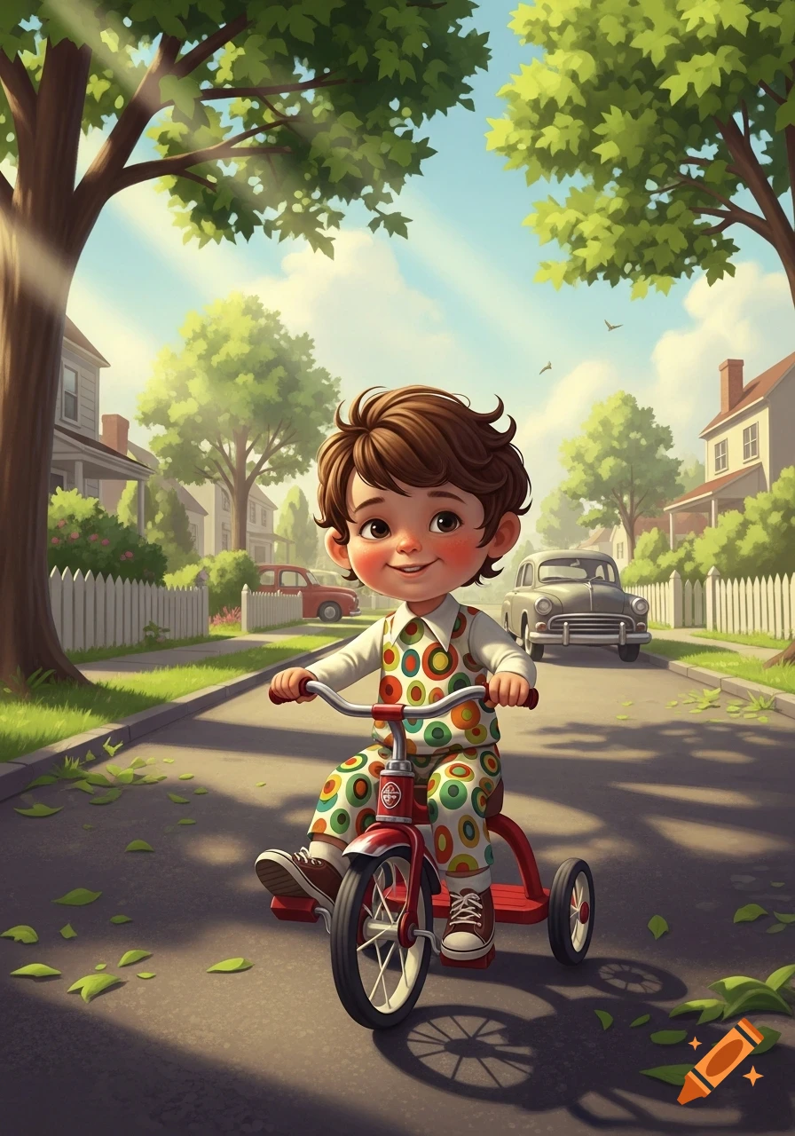 A happy cartoon child rides a red tricycle on a sunny suburban street, smiling brightly.