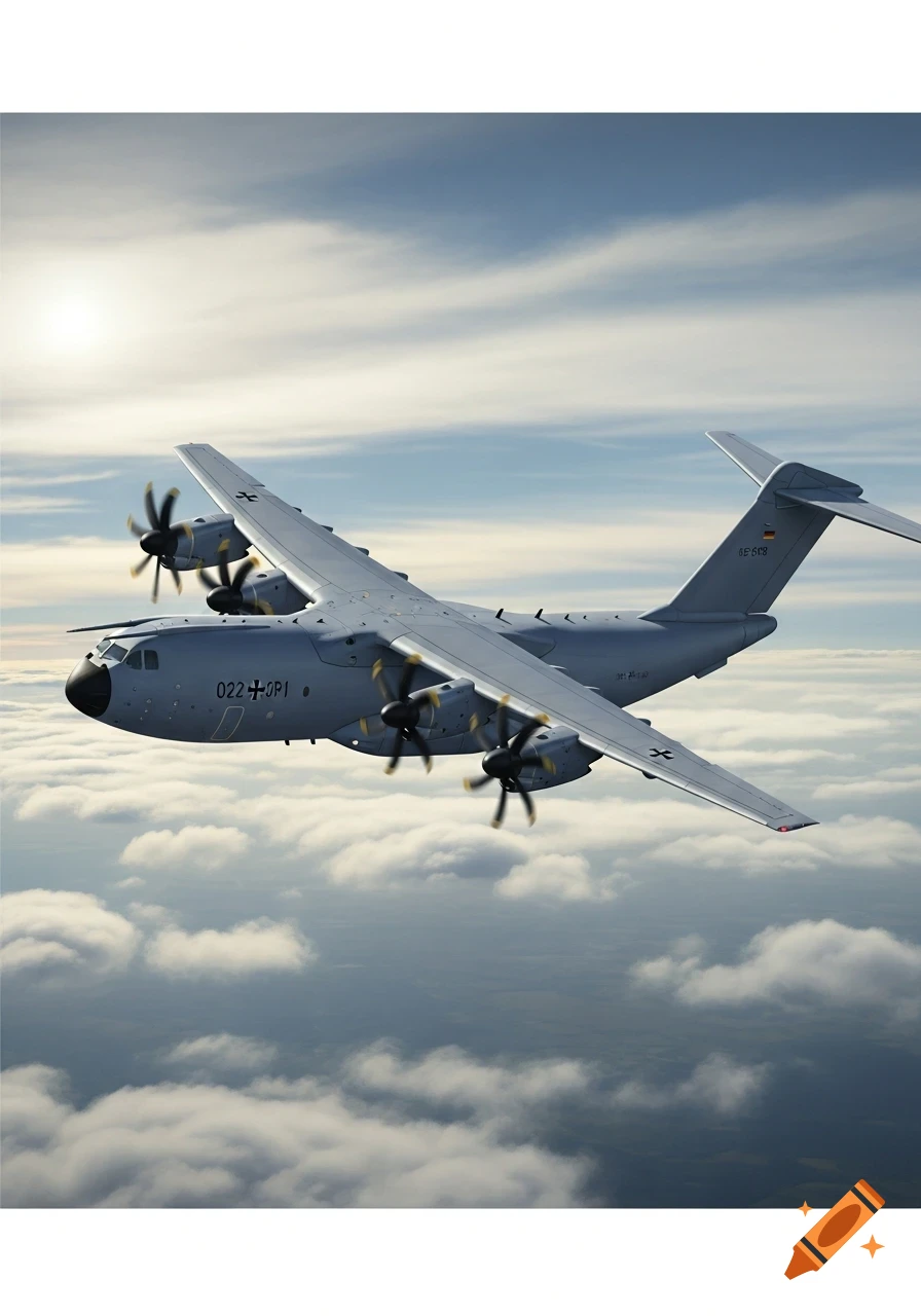A grey Airbus A400M military transport aircraft with propellers flying through a blue sky with scattered clouds.