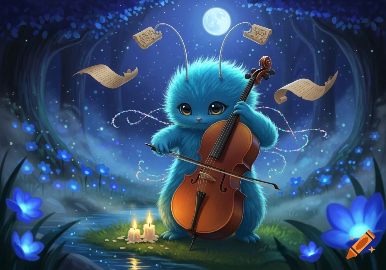 A cute blue fuzzy creature plays a cello in a magical moonlit forest with glowing flowers and candles.