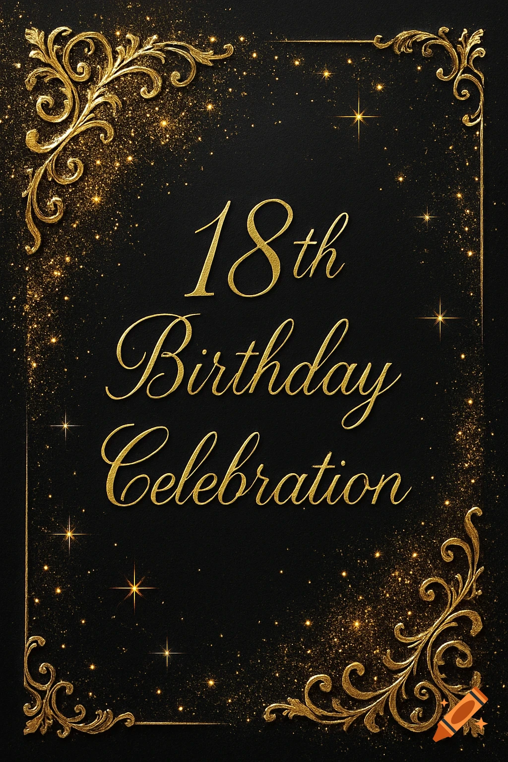 Black 18th birthday celebration invitation card with golden ornate corners, glitter, and elegant script text.