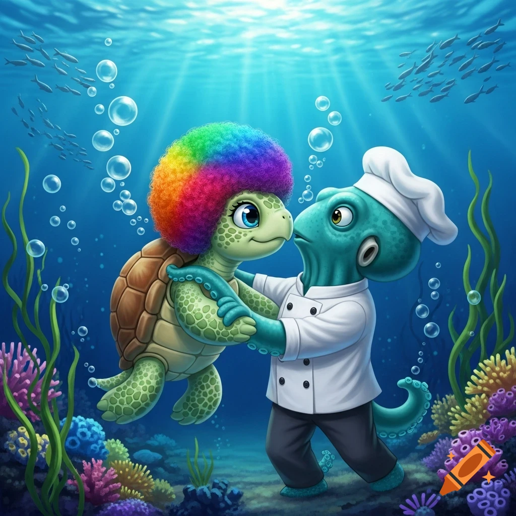 Cute cartoon turtle with rainbow afro and teal octopus chef holding hands underwater among coral and fish.