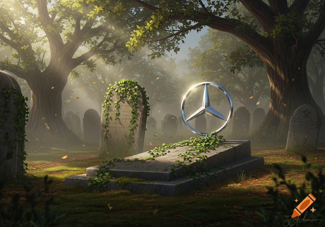 A shimmering Mercedes-Benz logo stands on a mossy grave in a foggy, sunlit graveyard with old trees and ivy-covered gravestones.