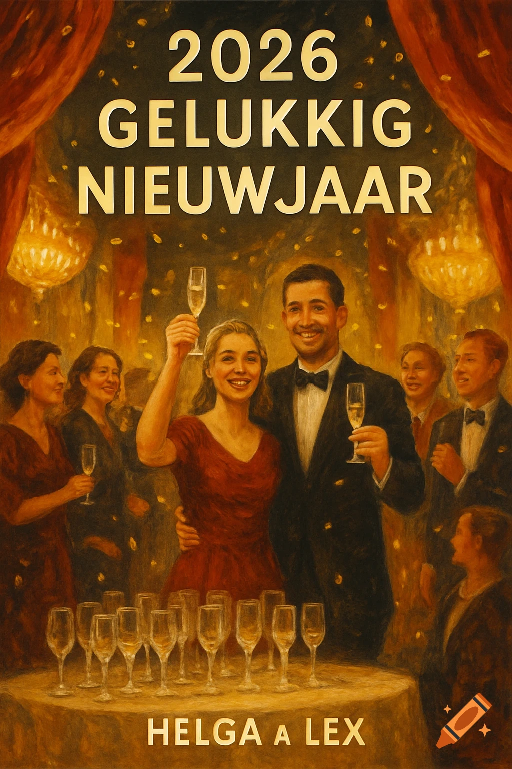 An oil painting of a New Year's party with people in formal wear ...