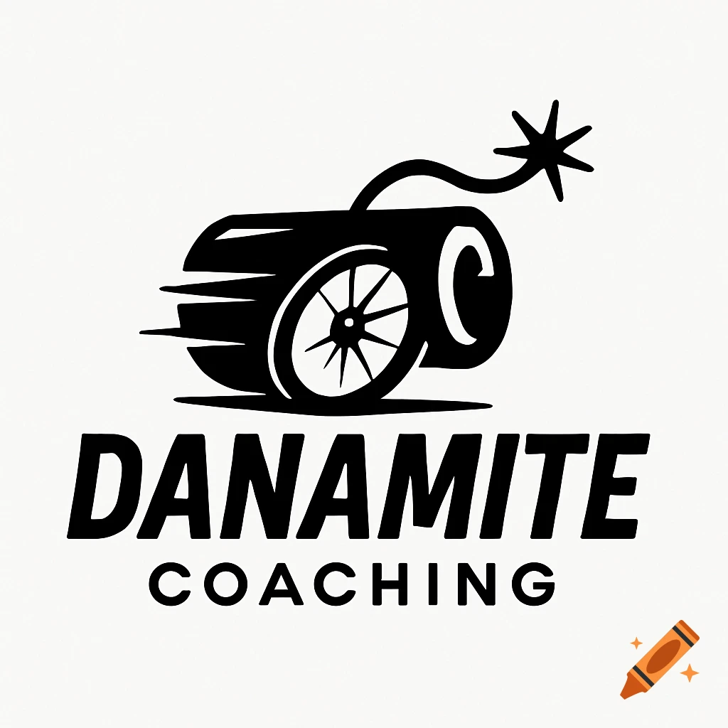 Minimalist black and white logo featuring a stick of dynamite with a wheel and lit fuse, above the text 'DANAMITE COACHING'.