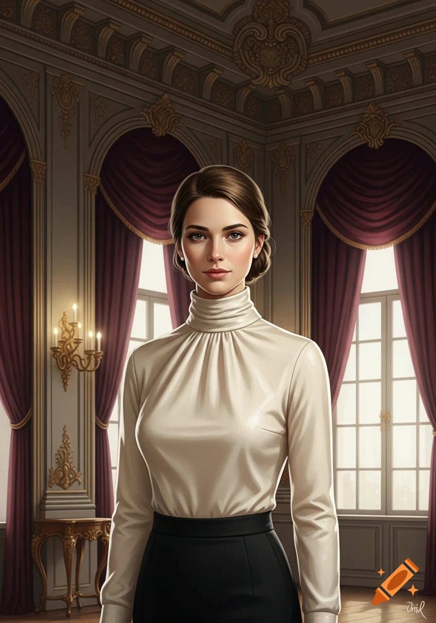 An elegant woman in a cream high-necked blouse and black skirt stands in a luxurious room with ornate walls and purple curtains.