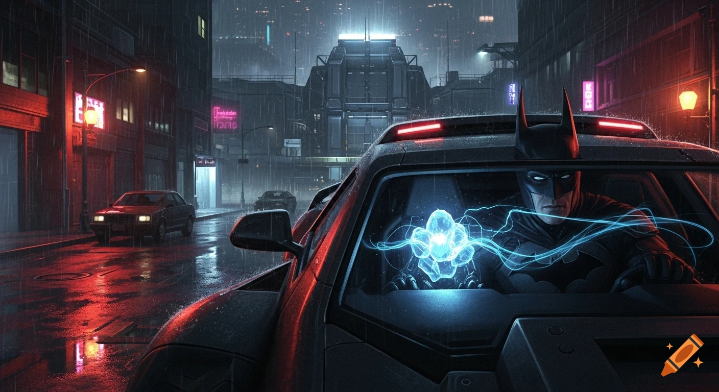 A dramatic, noir-style scene of a Batman-like vigilante in a car transporting a glowing blue crystal through a rainy Gotham-like city at night.