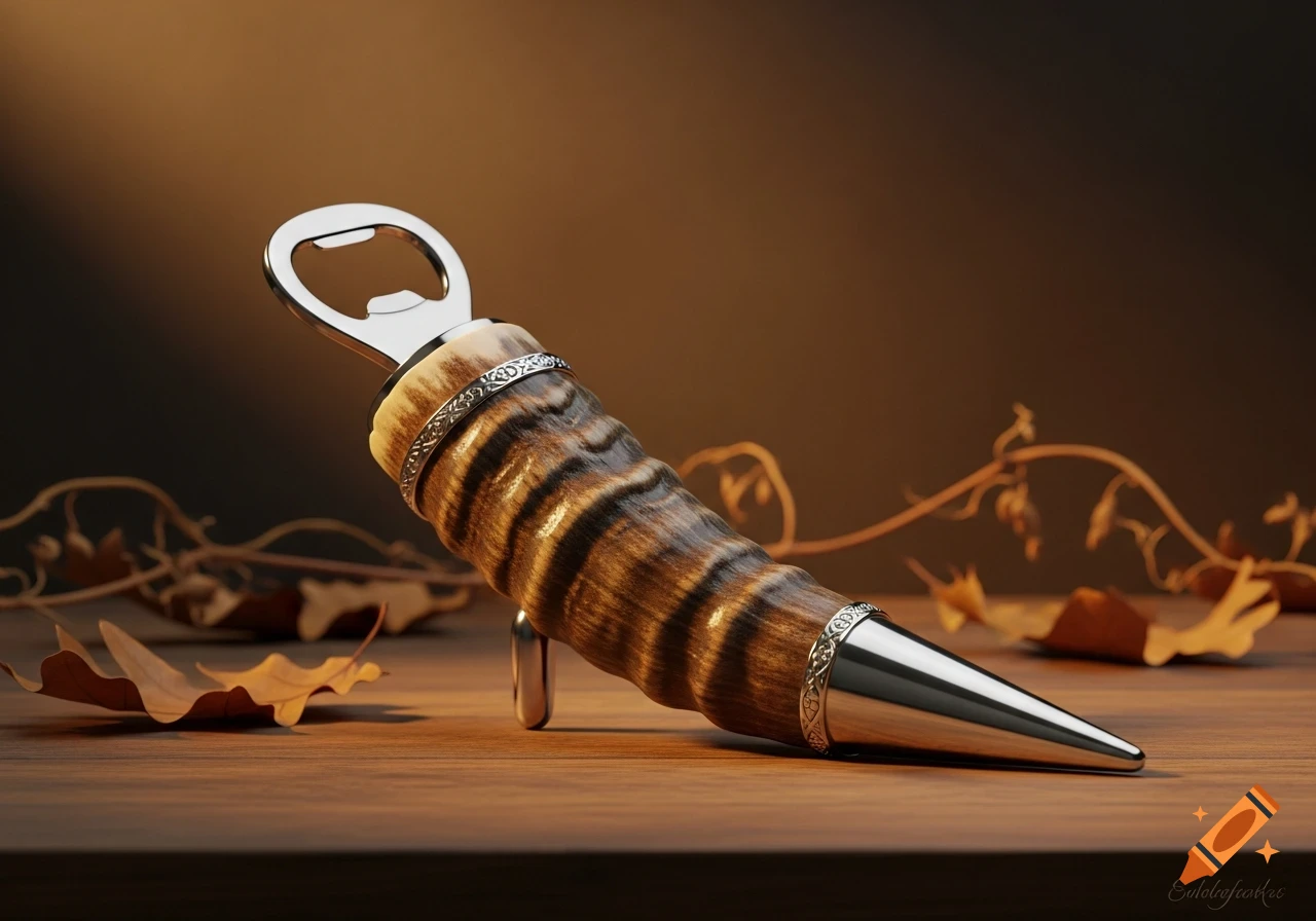 A photorealistic bottle opener with a horn-like, striped handle and shiny metal accents, resting on a wooden surface with dried leaves.