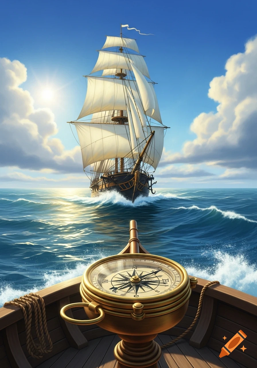 A wooden ship's bow with a large golden compass in the foreground, facing a majestic sailing ship on a bright blue ocean under a sunny sky.
