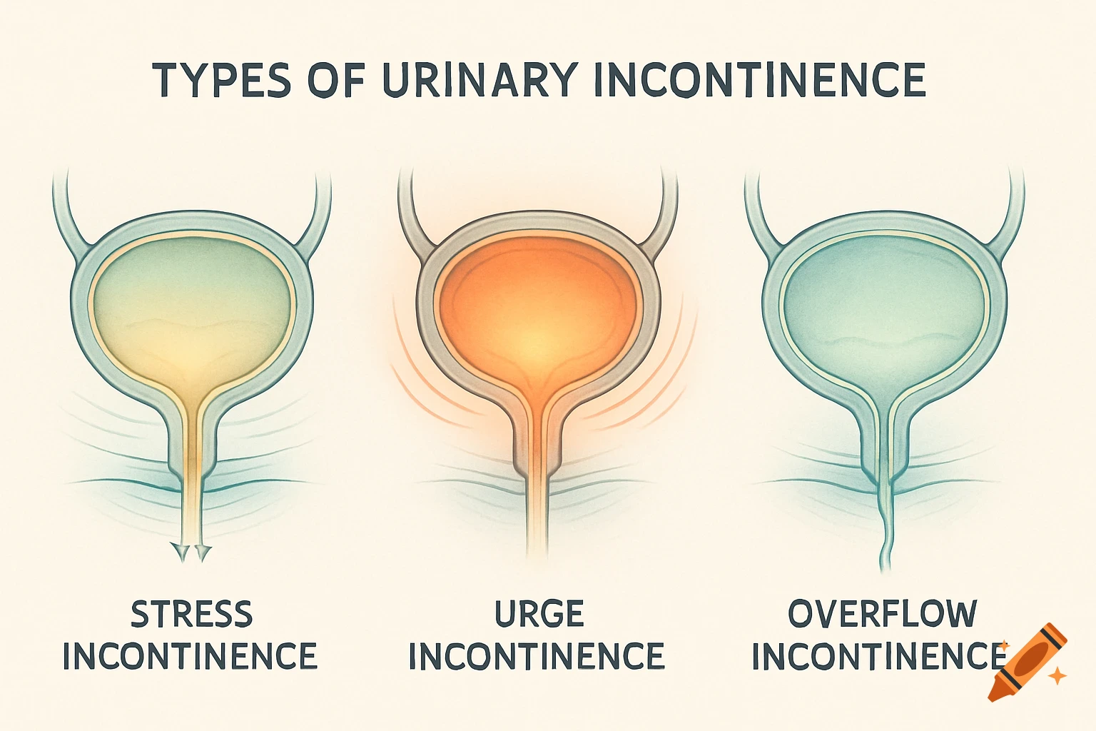 An illustration showing three types of urinary incontinence: stress, urge, and overflow, with diagrams of bladders.