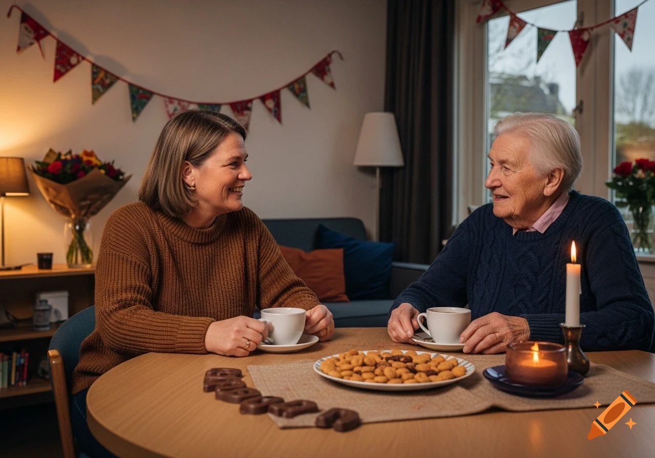 Two women share tea and snacks at a table adorned with Sinterklaas decorations in a cozy living room.