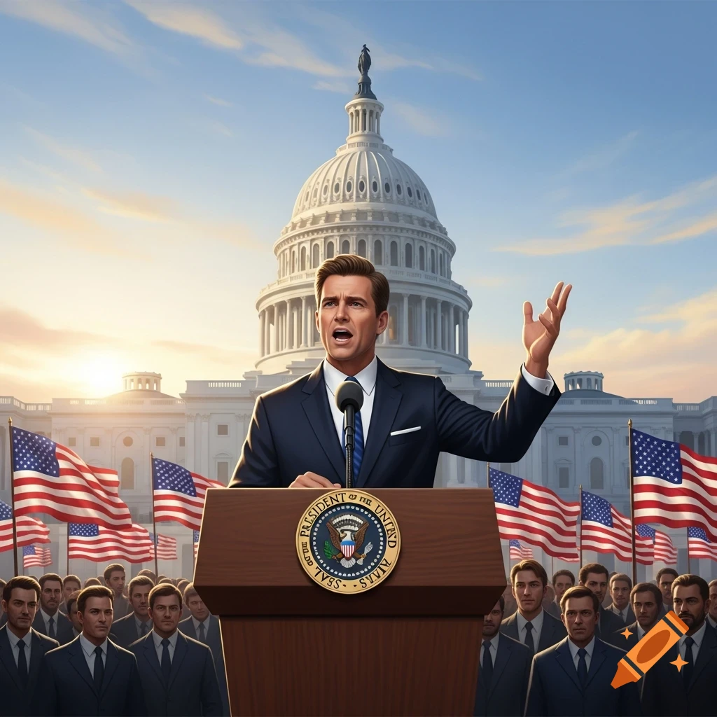 A man in a suit speaks at a podium with a seal, in front of the US Capitol, American flags, and a crowd under a sunny sky.