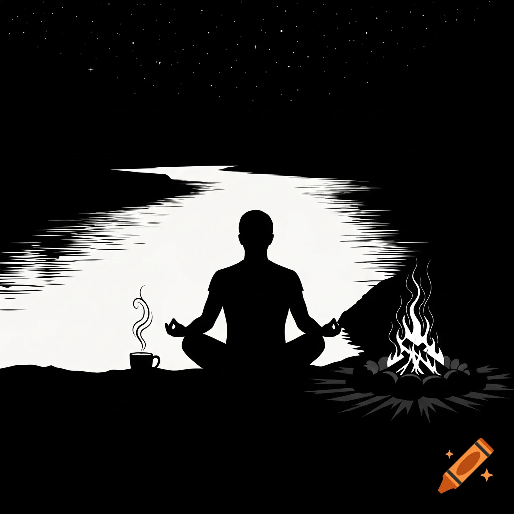 Black and white silhouette of a man meditating in lotus pose by a flowing river, a campfire, and a hot beverage under a starry night sky.