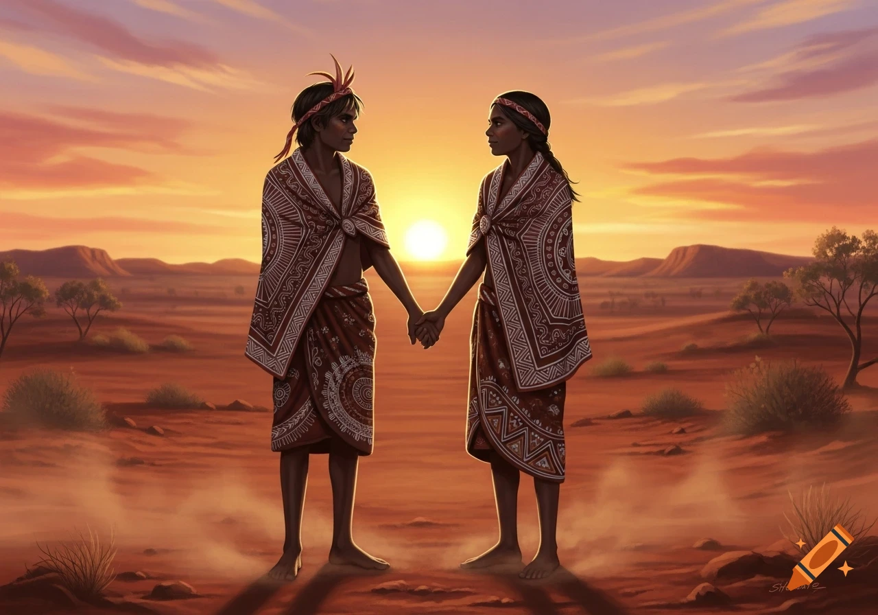 Illustration of two Aboriginal people holding hands in a vast desert landscape at sunset, wearing traditional patterned garments.