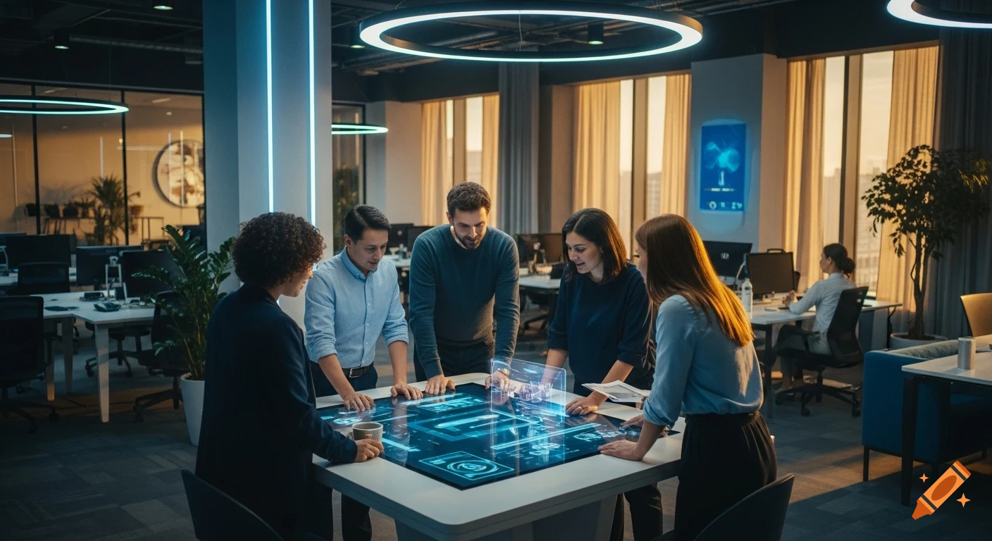 A diverse team of employees gathers around a glowing interactive table in a modern, brightly lit office.