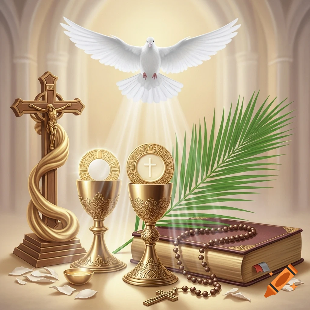 A soft holy painting of Catholic religious symbols including a cross with Christ, a dove, two chalices with Eucharist, a palm leaf, a rosary, and a Bible, illuminated by divine light rays.